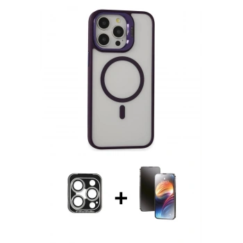 MARSİLYAN™- iPhone 15 Pro Max Kılıf Ahenk Klasik Özel Seri - Siyah 3D Antistatik Mat Seramik Nano Ekran Koruyucu + PVD Metal Kamera Lens - GS