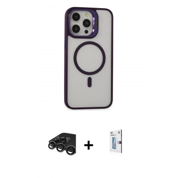 MARSİLYAN™- iPhone 15 Pro Max Kılıf Ahenk Klasik Özel Seri - Siyah Bilvis 0.18mm Plus Cam Ekran Koruyucu + Raze Metal Kamera Lens - TMGI
