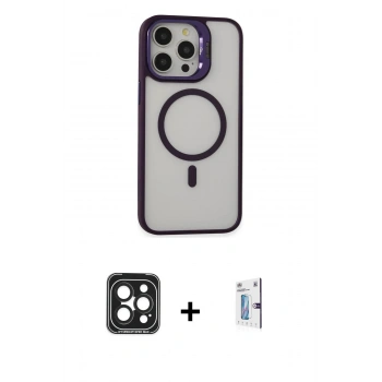 MARSİLYAN™- iPhone 15 Pro Max Kılıf Ahenk Klasik Özel Seri - Siyah Bilvis 0.18mm Plus Cam Ekran Koruyucu + PVD Metal Kamera Lens - SH