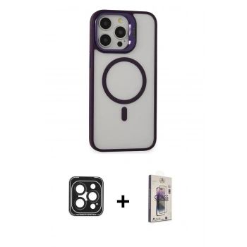MARSİLYAN™- iPhone 15 Pro Max Kılıf Ahenk Klasik Özel Seri - Siyah Bilvis 3D Cam Ekran Koruyucu + PVD Metal Kamera Lens - SH