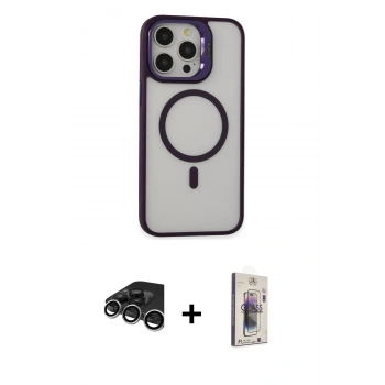MARSİLYAN™- iPhone 15 Pro Max Kılıf Ahenk Klasik Özel Seri - Siyah Bilvis 3D Cam Ekran Koruyucu + Raze Metal Kamera Lens - GS