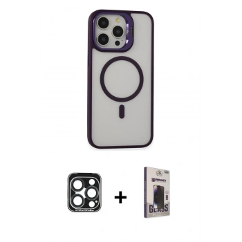 MARSİLYAN™- iPhone 15 Pro Max Kılıf Ahenk Klasik Özel Seri - Siyah Bilvis Hayalet Cam Ekran Koruyucu + PVD Metal Kamera Lens - LT
