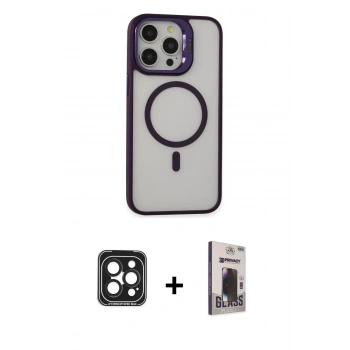 MARSİLYAN™- iPhone 15 Pro Max Kılıf Ahenk Klasik Özel Seri - Siyah Bilvis Hayalet Cam Ekran Koruyucu + PVD Metal Kamera Lens - SH