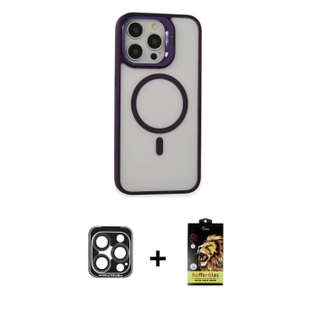 MARSİLYAN™- iPhone 15 Pro Max Kılıf Ahenk Klasik Özel Seri - Siyah Buffer Cam Ekran Koruyucu + PVD Metal Kamera Lens - LT