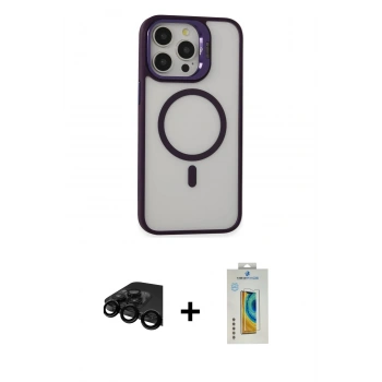 MARSİLYAN™- iPhone 15 Pro Max Kılıf Ahenk Klasik Özel Seri - Siyah Polymer Nano Ekran Koruyucu + Raze Metal Kamera Lens - SH
