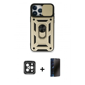 MARSİLYAN™- iPhone 15 Pro Max Kılıf Ahenk Klasik - Siyah 3D Antistatik Hayalet Cam Ekran Koruyucu + PVD Metal Kamera Lens - SH