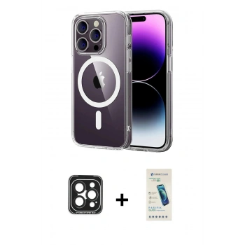 MARSİLYAN™- iPhone 15 Pro Max Kılıf Ahenk Minimal Serisi - Şeffaf Pasifik Cam Ekran Koruyucu + PVD Metal Kamera Lens - SH