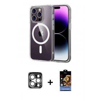 MARSİLYAN™- iPhone 15 Pro Max Kılıf Ahenk Minimal Serisi - Siyah Buffer Hayalet Cam Ekran Koruyucu + PVD Metal Kamera Lens - GS