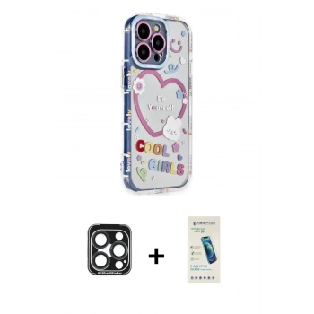 MARSİLYAN™- iPhone 15 Pro Max Kılıf Ahenk Modern Serisi - Şeffaf Pasifik Cam Ekran Koruyucu + PVD Metal Kamera Lens - LT