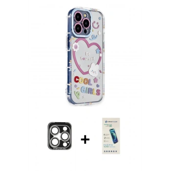 MARSİLYAN™- iPhone 15 Pro Max Kılıf Ahenk Modern Serisi - Şeffaf Pasifik Cam Ekran Koruyucu + PVD Metal Kamera Lens - GS