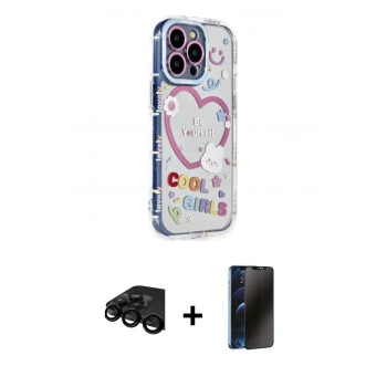 MARSİLYAN™- iPhone 15 Pro Max Kılıf Ahenk Modern Serisi - Siyah 3D Antistatik Hayalet Cam Ekran Koruyucu + Raze Metal Kamera Lens - SH