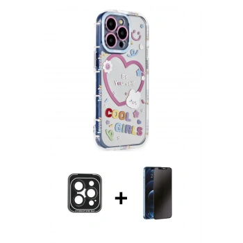 MARSİLYAN™- iPhone 15 Pro Max Kılıf Ahenk Modern Serisi - Siyah 3D Antistatik Hayalet Cam Ekran Koruyucu + PVD Metal Kamera Lens - SH