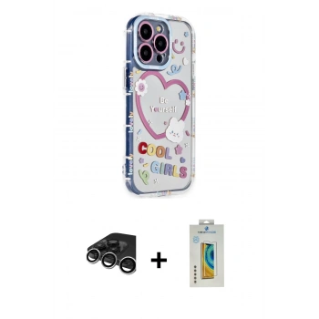 MARSİLYAN™- iPhone 15 Pro Max Kılıf Ahenk Modern Serisi - Siyah Polymer Nano Ekran Koruyucu + Raze Metal Kamera Lens - GS