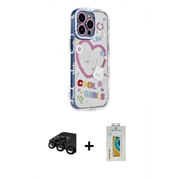 MARSİLYAN™- iPhone 15 Pro Max Kılıf Ahenk Modern Serisi - Siyah Polymer Nano Ekran Koruyucu + Raze Metal Kamera Lens - SH