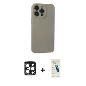 MARSİLYAN™- iPhone 15 Pro Max Kılıf Ahenk Serisi - Şeffaf Pasifik Cam Ekran Koruyucu + PVD Metal Kamera Lens - LT