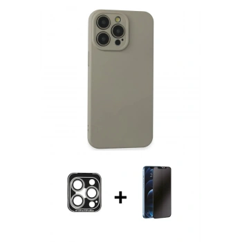 MARSİLYAN™- iPhone 15 Pro Max Kılıf Ahenk Serisi - Siyah 3D Antistatik Hayalet Cam Ekran Koruyucu + PVD Metal Kamera Lens - GS