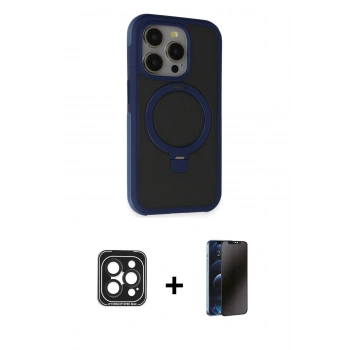 MARSİLYAN™- iPhone 15 Pro Max Kılıf Ahenk Yansıma Özel Seri - Siyah 3D Antistatik Hayalet Cam Ekran Koruyucu + PVD Metal Kamera Lens - SH