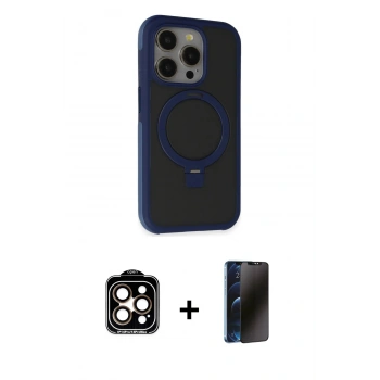 MARSİLYAN™- iPhone 15 Pro Max Kılıf Ahenk Yansıma Özel Seri - Siyah 3D Antistatik Hayalet Cam Ekran Koruyucu + PVD Metal Kamera Lens - TU