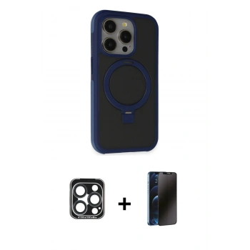 MARSİLYAN™- iPhone 15 Pro Max Kılıf Ahenk Yansıma Özel Seri - Siyah 3D Antistatik Hayalet Cam Ekran Koruyucu + PVD Metal Kamera Lens - LT