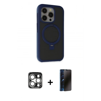 MARSİLYAN™- iPhone 15 Pro Max Kılıf Ahenk Yansıma Özel Seri - Siyah 3D Antistatik Hayalet Cam Ekran Koruyucu + PVD Metal Kamera Lens - GS