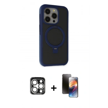 MARSİLYAN™- iPhone 15 Pro Max Kılıf Ahenk Yansıma Özel Seri - Siyah 3D Antistatik Mat Seramik Nano Ekran Koruyucu + PVD Metal Kamera Lens - GS