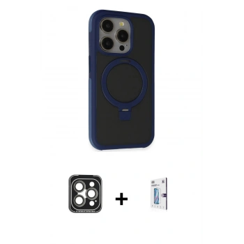MARSİLYAN™- iPhone 15 Pro Max Kılıf Ahenk Yansıma Özel Seri - Siyah Bilvis 0.18mm Plus Cam Ekran Koruyucu + PVD Metal Kamera Lens - GI
