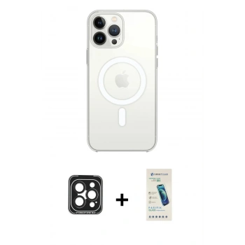 MARSİLYAN™- iPhone 15 Pro Max Kılıf Ahenk Yansıma Prime - Şeffaf Pasifik Cam Ekran Koruyucu + PVD Metal Kamera Lens - SH