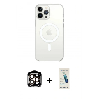 MARSİLYAN™- iPhone 15 Pro Max Kılıf Ahenk Yansıma Prime - Şeffaf Pasifik Cam Ekran Koruyucu + PVD Metal Kamera Lens - TU