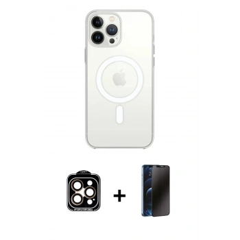 MARSİLYAN™- iPhone 15 Pro Max Kılıf Ahenk Yansıma Prime - Siyah 3D Antistatik Hayalet Cam Ekran Koruyucu + PVD Metal Kamera Lens - TU