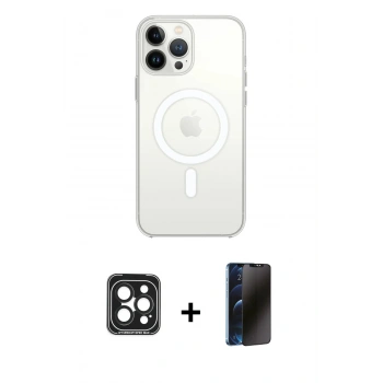 MARSİLYAN™- iPhone 15 Pro Max Kılıf Ahenk Yansıma Prime - Siyah 3D Antistatik Hayalet Cam Ekran Koruyucu + PVD Metal Kamera Lens - SH