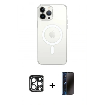 MARSİLYAN™- iPhone 15 Pro Max Kılıf Ahenk Yansıma Prime - Siyah 3D Antistatik Hayalet Cam Ekran Koruyucu + PVD Metal Kamera Lens - LT
