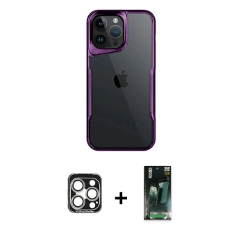MARSİLYAN™- iPhone 15 Pro Max Kılıf Akış Çizgi Koleksiyonu - Şeffaf 360 Full Body Arka Koruyucu + PVD Metal Kamera Lens - GS