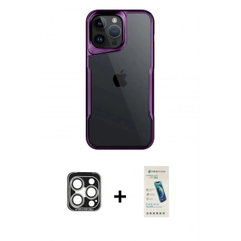 MARSİLYAN™- iPhone 15 Pro Max Kılıf Akış Çizgi Koleksiyonu - Şeffaf Pasifik Cam Ekran Koruyucu + PVD Metal Kamera Lens - GS