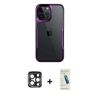 MARSİLYAN™- iPhone 15 Pro Max Kılıf Akış Çizgi Koleksiyonu - Şeffaf Pasifik Cam Ekran Koruyucu + PVD Metal Kamera Lens - LT