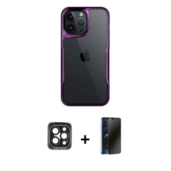 MARSİLYAN™- iPhone 15 Pro Max Kılıf Akış Çizgi Koleksiyonu - Siyah 3D Antistatik Hayalet Cam Ekran Koruyucu + PVD Metal Kamera Lens - SH
