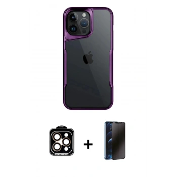 MARSİLYAN™- iPhone 15 Pro Max Kılıf Akış Çizgi Koleksiyonu - Siyah 3D Antistatik Hayalet Cam Ekran Koruyucu + PVD Metal Kamera Lens - TU