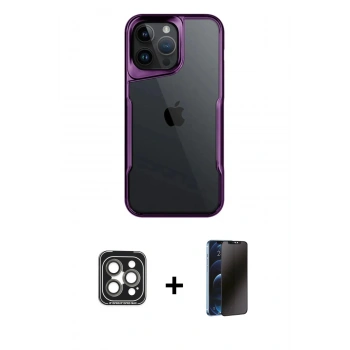 MARSİLYAN™- iPhone 15 Pro Max Kılıf Akış Çizgi Koleksiyonu - Siyah 3D Antistatik Hayalet Cam Ekran Koruyucu + PVD Metal Kamera Lens - GI