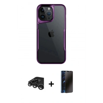 MARSİLYAN™- iPhone 15 Pro Max Kılıf Akış Çizgi Koleksiyonu - Siyah 3D Antistatik Hayalet Cam Ekran Koruyucu + Raze Metal Kamera Lens - TMGI