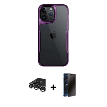MARSİLYAN™- iPhone 15 Pro Max Kılıf Akış Çizgi Koleksiyonu - Siyah 3D Antistatik Hayalet Cam Ekran Koruyucu + Raze Metal Kamera Lens - GS