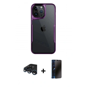 MARSİLYAN™- iPhone 15 Pro Max Kılıf Akış Çizgi Koleksiyonu - Siyah 3D Antistatik Hayalet Cam Ekran Koruyucu + Raze Metal Kamera Lens - LT