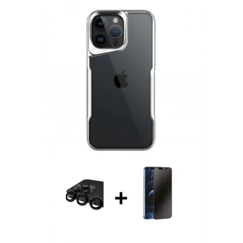MARSİLYAN™- iPhone 15 Pro Max Kılıf Akış Çizgi Koleksiyonu - Siyah 3D Antistatik Hayalet Cam Ekran Koruyucu + Raze Metal Kamera Lens - SH