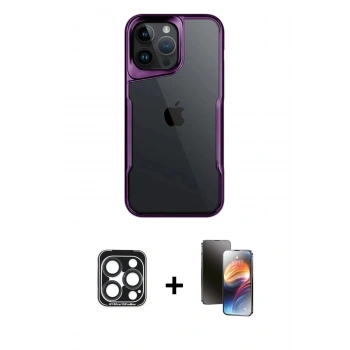 MARSİLYAN™- iPhone 15 Pro Max Kılıf Akış Çizgi Koleksiyonu - Siyah 3D Antistatik Mat Seramik Nano Ekran Koruyucu + PVD Metal Kamera Lens - LT