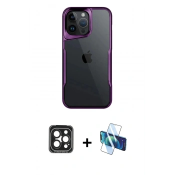 MARSİLYAN™- iPhone 15 Pro Max Kılıf Akış Çizgi Koleksiyonu - Siyah 3D Antistatik Seramik Nano Ekran Koruyucu + PVD Metal Kamera Lens - SH