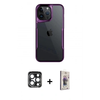 MARSİLYAN™- iPhone 15 Pro Max Kılıf Akış Çizgi Koleksiyonu - Siyah Bilvis 3D Cam Ekran Koruyucu + PVD Metal Kamera Lens - LT