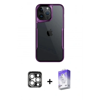 MARSİLYAN™- iPhone 15 Pro Max Kılıf Akış Çizgi Koleksiyonu - Siyah Bilvis 5in1 3D Magic Cam Ekran Koruyucu + PVD Metal Kamera Lens - GS