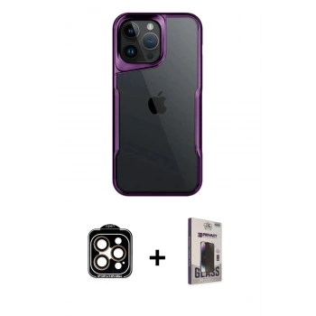 MARSİLYAN™- iPhone 15 Pro Max Kılıf Akış Çizgi Koleksiyonu - Siyah Bilvis Hayalet Cam Ekran Koruyucu + PVD Metal Kamera Lens - TU