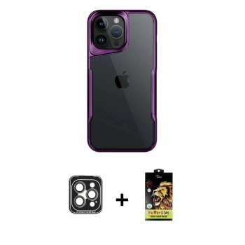 MARSİLYAN™- iPhone 15 Pro Max Kılıf Akış Çizgi Koleksiyonu - Siyah Buffer Cam Ekran Koruyucu + PVD Metal Kamera Lens - GI