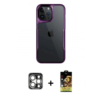 MARSİLYAN™- iPhone 15 Pro Max Kılıf Akış Çizgi Koleksiyonu - Siyah Buffer Cam Ekran Koruyucu + PVD Metal Kamera Lens - GS