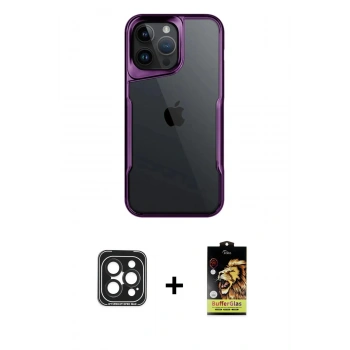 MARSİLYAN™- iPhone 15 Pro Max Kılıf Akış Çizgi Koleksiyonu - Siyah Buffer Cam Ekran Koruyucu + PVD Metal Kamera Lens - SH