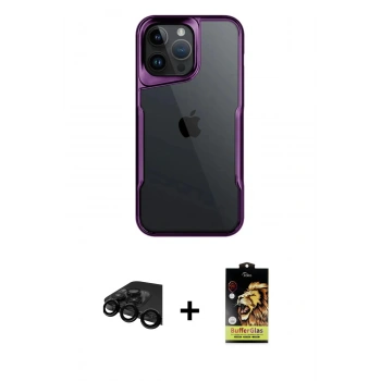 MARSİLYAN™- iPhone 15 Pro Max Kılıf Akış Çizgi Koleksiyonu - Siyah Buffer Cam Ekran Koruyucu + Raze Metal Kamera Lens - SH